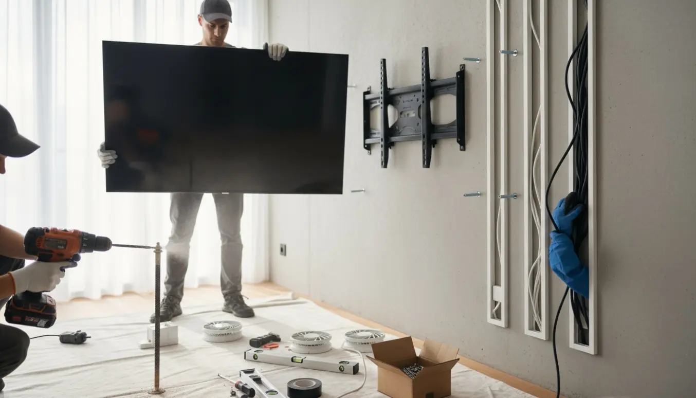 65" TV monteres på en let betonvæg, mens kabel trækkes i en hvid kabelkanal fra loft til gulv.