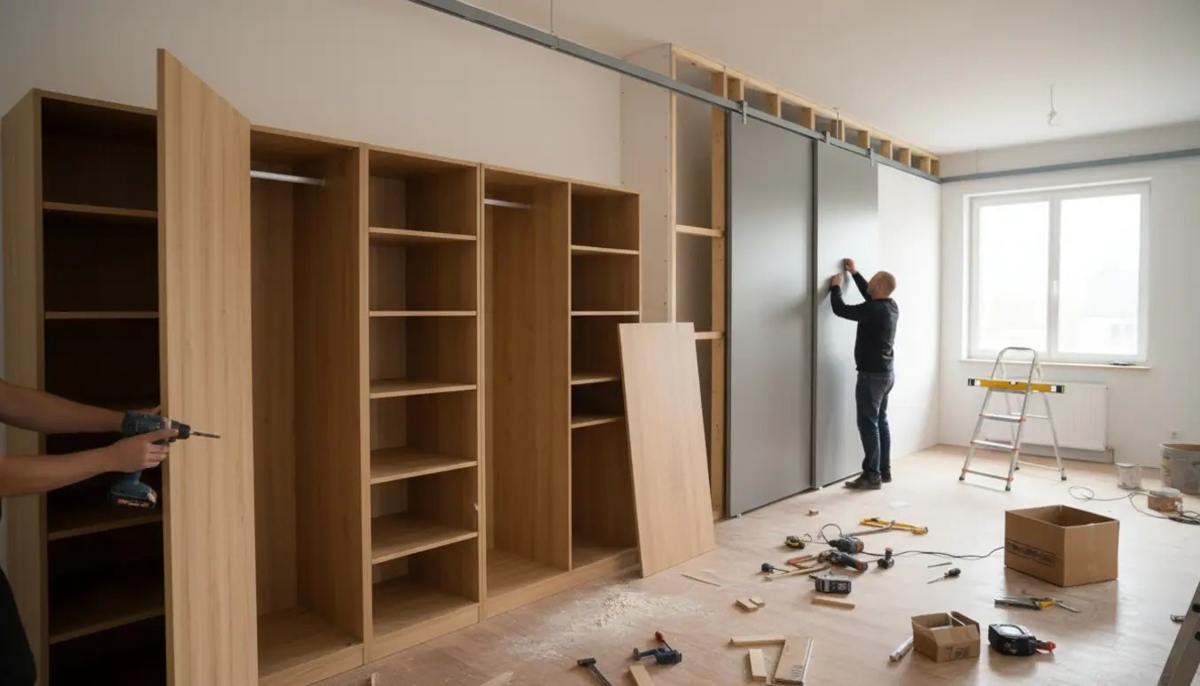 Lyst rum hvor skydedøre og tre-fire fladt pakkede garderober er under montering, med værktøj på gulvet.