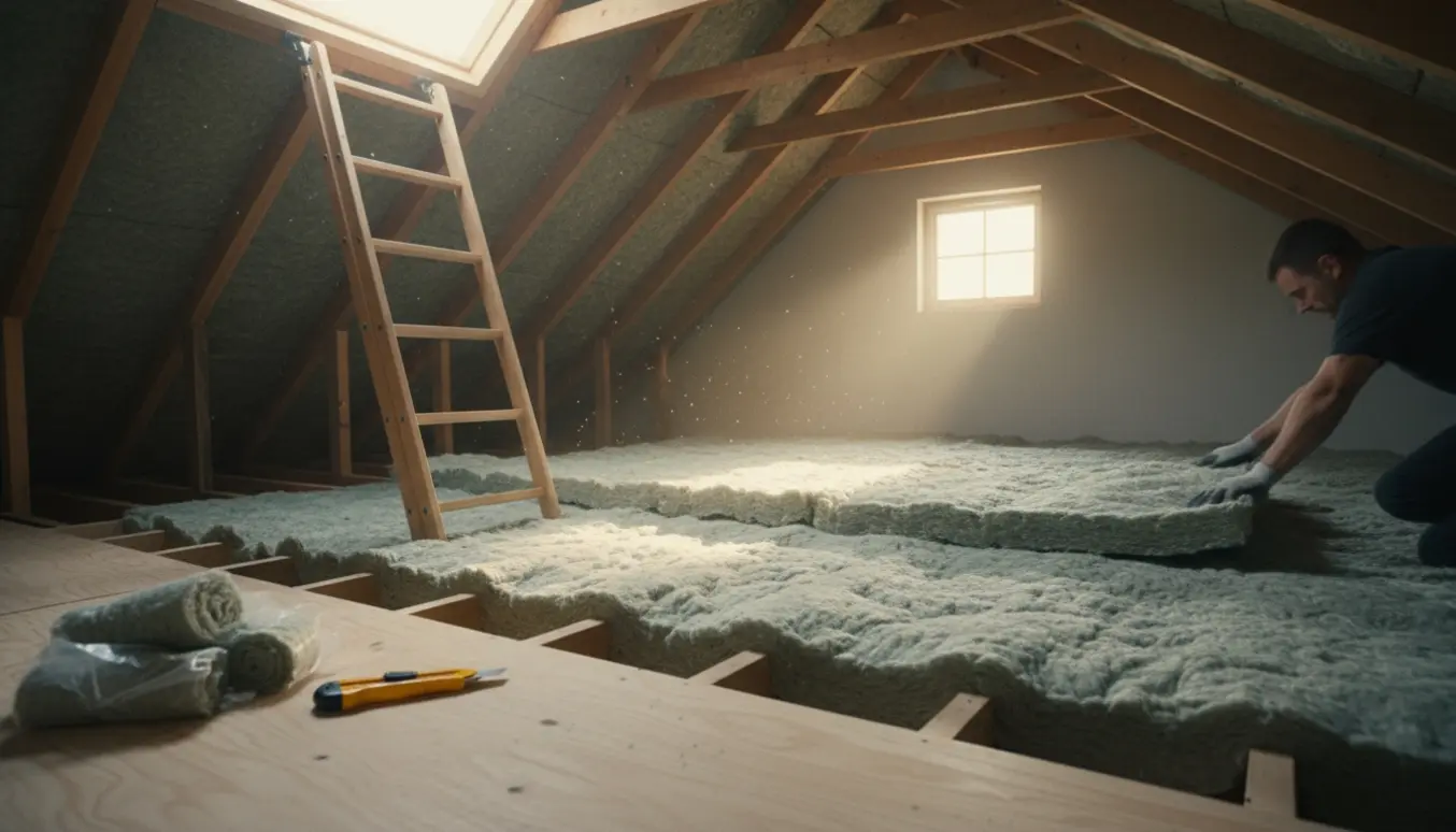 Hænder fordeler Rockwool-isolering i et loft via en åben loftlem med stige.