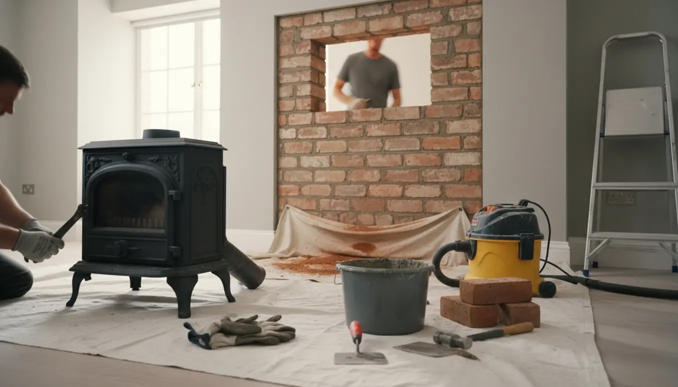 Delvis fjernet brændeovn og reparation af hul i mur med mursten og mørtel i en lys stue.