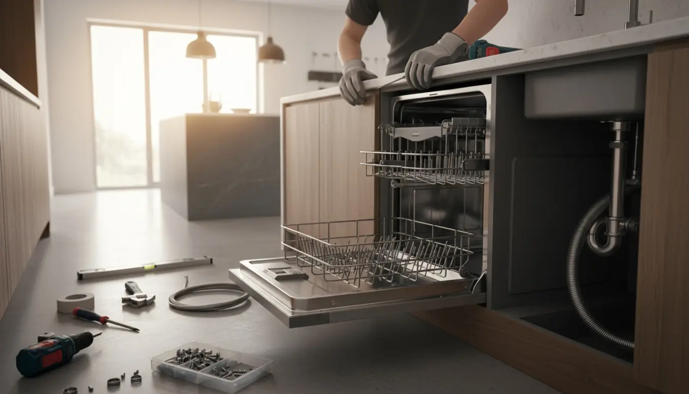 Montering af indbygget opvaskemaskine med fastgørelse af frontlåge og tilslutning af vandslange.