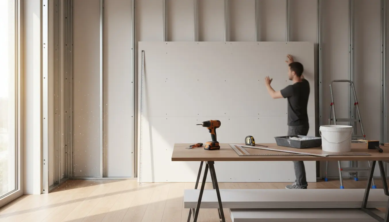 Halvt færdig gipsvæg deler et rum, med værktøj og en hånd, der holder en gipsplade.