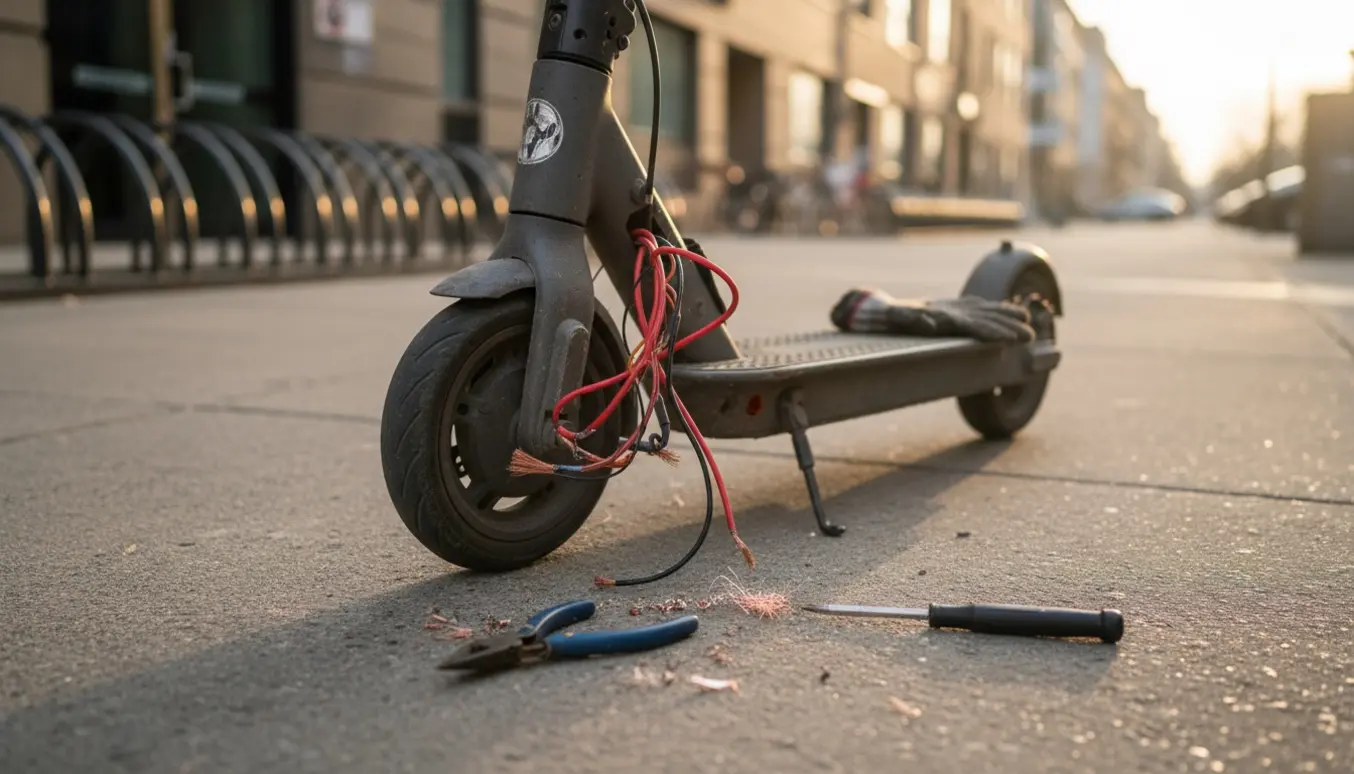 Elektrisk løbehjul med blottede, klippede ledninger og værktøj ved siden af efter et tyveriforsøg.