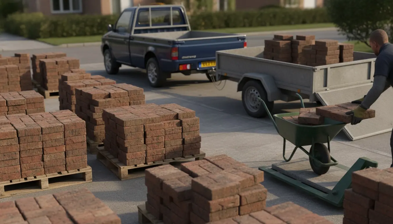 Trailer og stabler af mursten og fliser i indkørsel klar til bortkørsel.