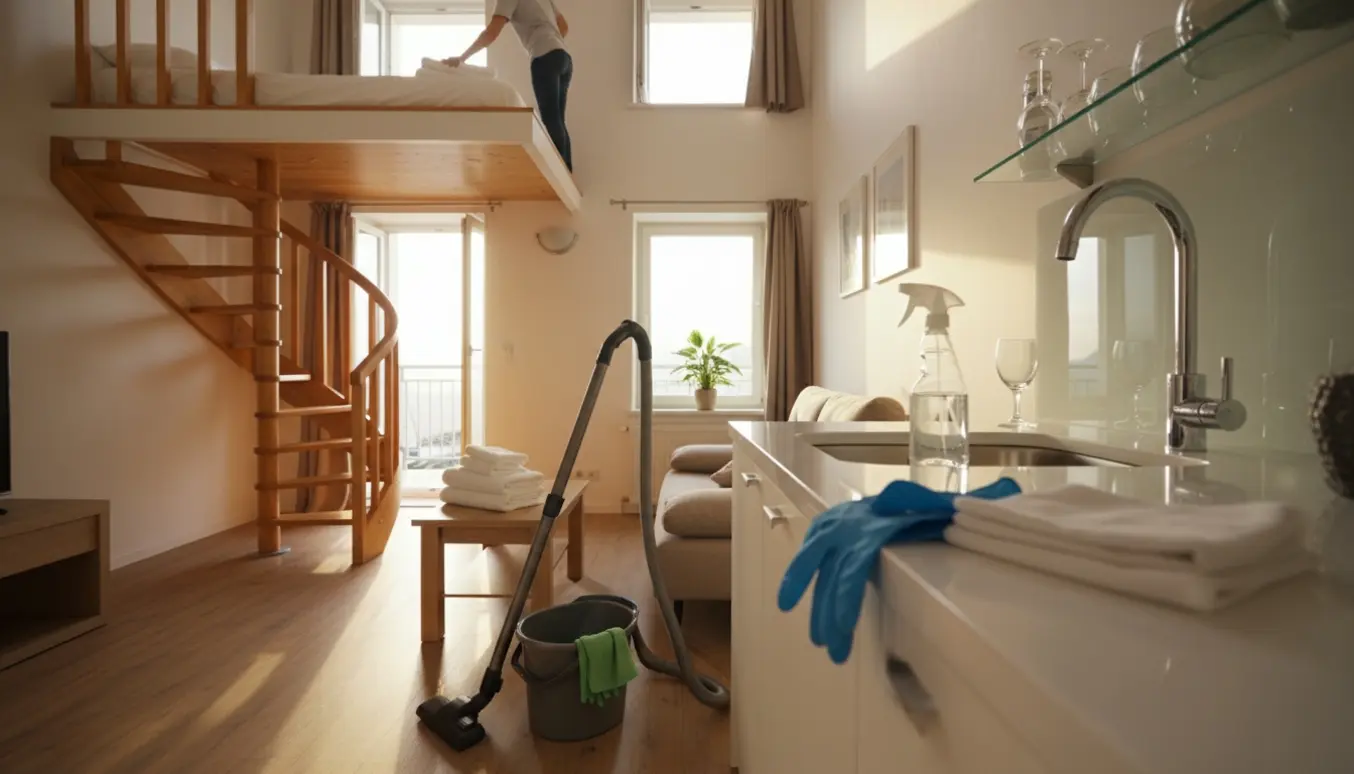 Professionel rengøring af en lille toplans ferielejlighed med foldede håndklæder og rengøringsudstyr i sollys.