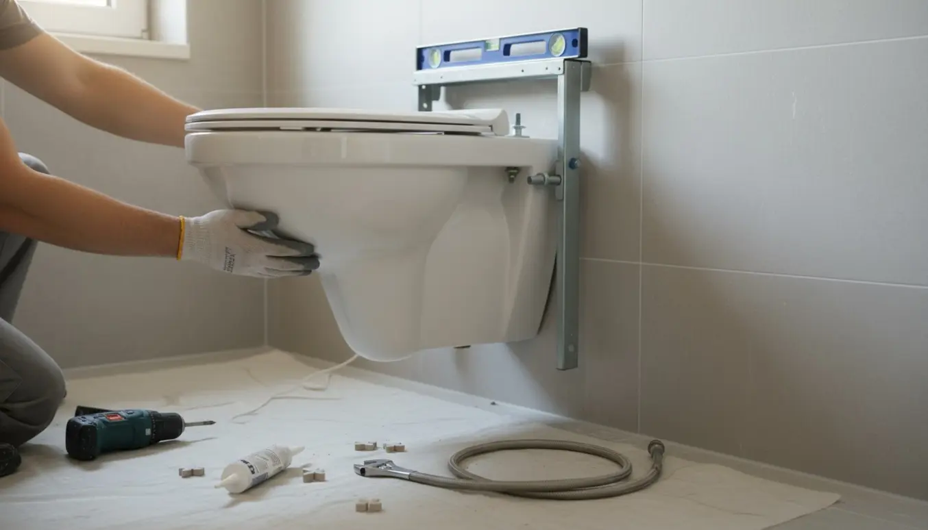 En væghængt toiletskål monteres på en indbygningsramme i et badeværelse.