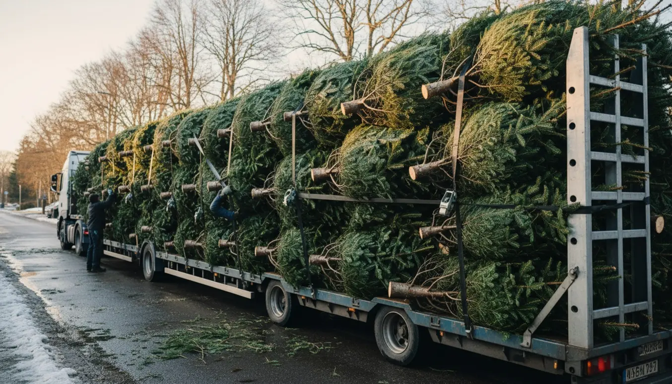 Stor lastbil med en lang fladvogn læsset med sammenbundne juletræer klar til afhentning.