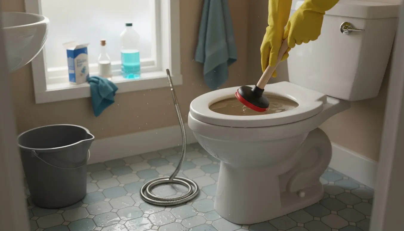 Tæt toilet med plunger i skålen, gummihandsker, afløbsrens, eddike og bagepulver på vaskekanten.