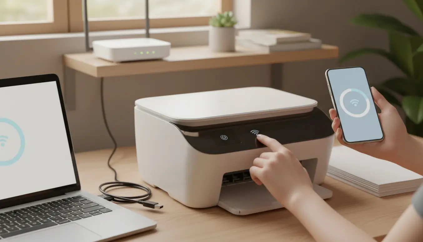 Nærbillede af hænder, der tilslutter en hvid alt‑i‑en‑printer til Wi‑Fi i et hjemmekontor.