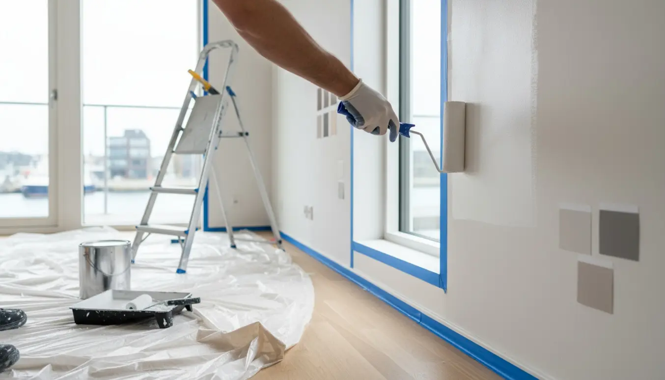 Malerrulle på vej over en hvid væg i en nybygget Nordhavn-lejlighed med afdækningsplast og en stige i rummet.