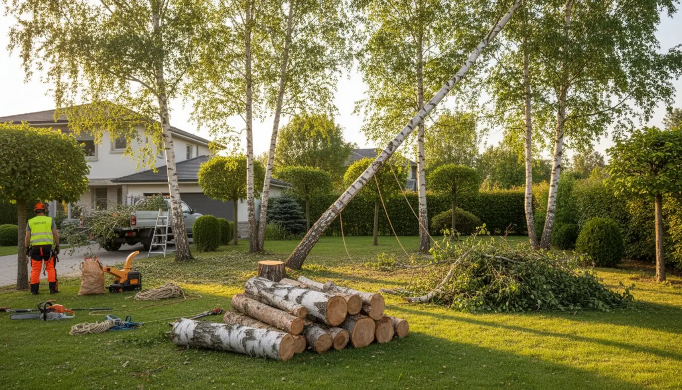 Håndværker fælder og toptrimmer birketræer i en have med stakke af skåret træ og udstyr.