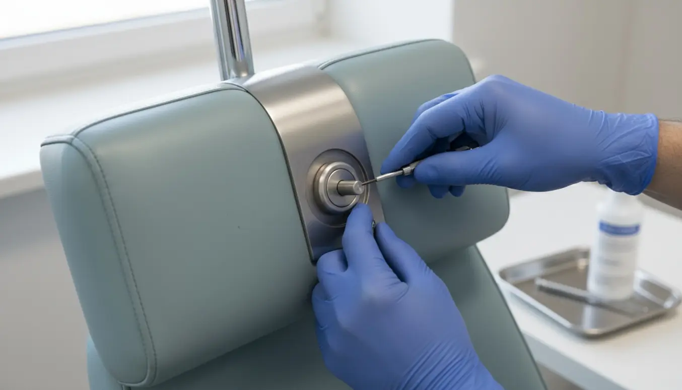 Nærbillede af en klinikstols fastsiddende nakkestøtte, hvor handskeklædte hænder forsøger at løsne justeringsknappen med små værktøjer.