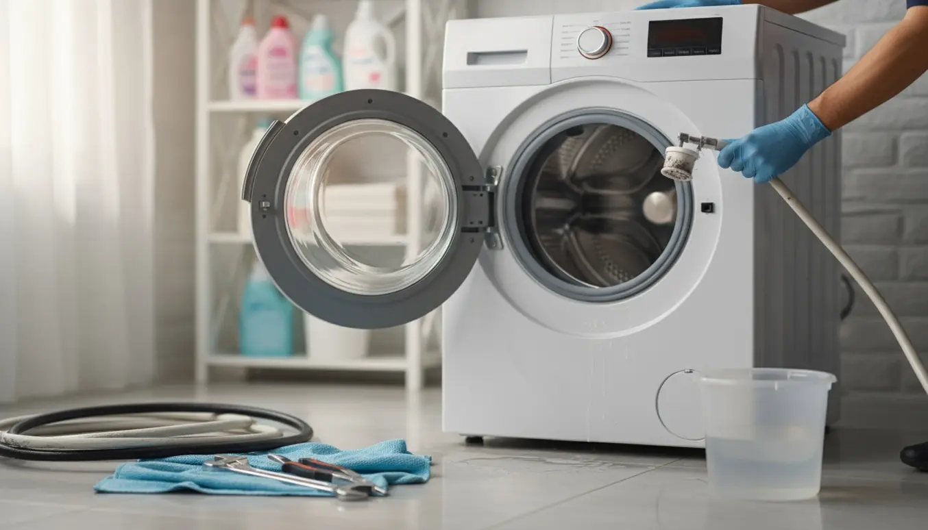 Tekniker holder afmonteret vandslange og tilstoppet filter fra en frontbetjent vaskemaskine i et lyst vaskerum.