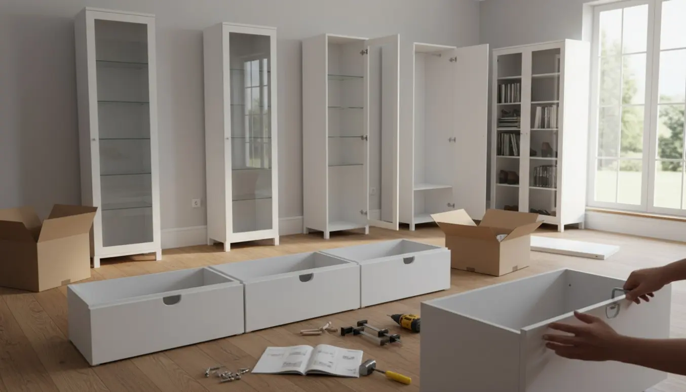 Flere fladpakkede skabe under samling i et lyst rum med værktøj og hænder, uden tydelige ansigter.