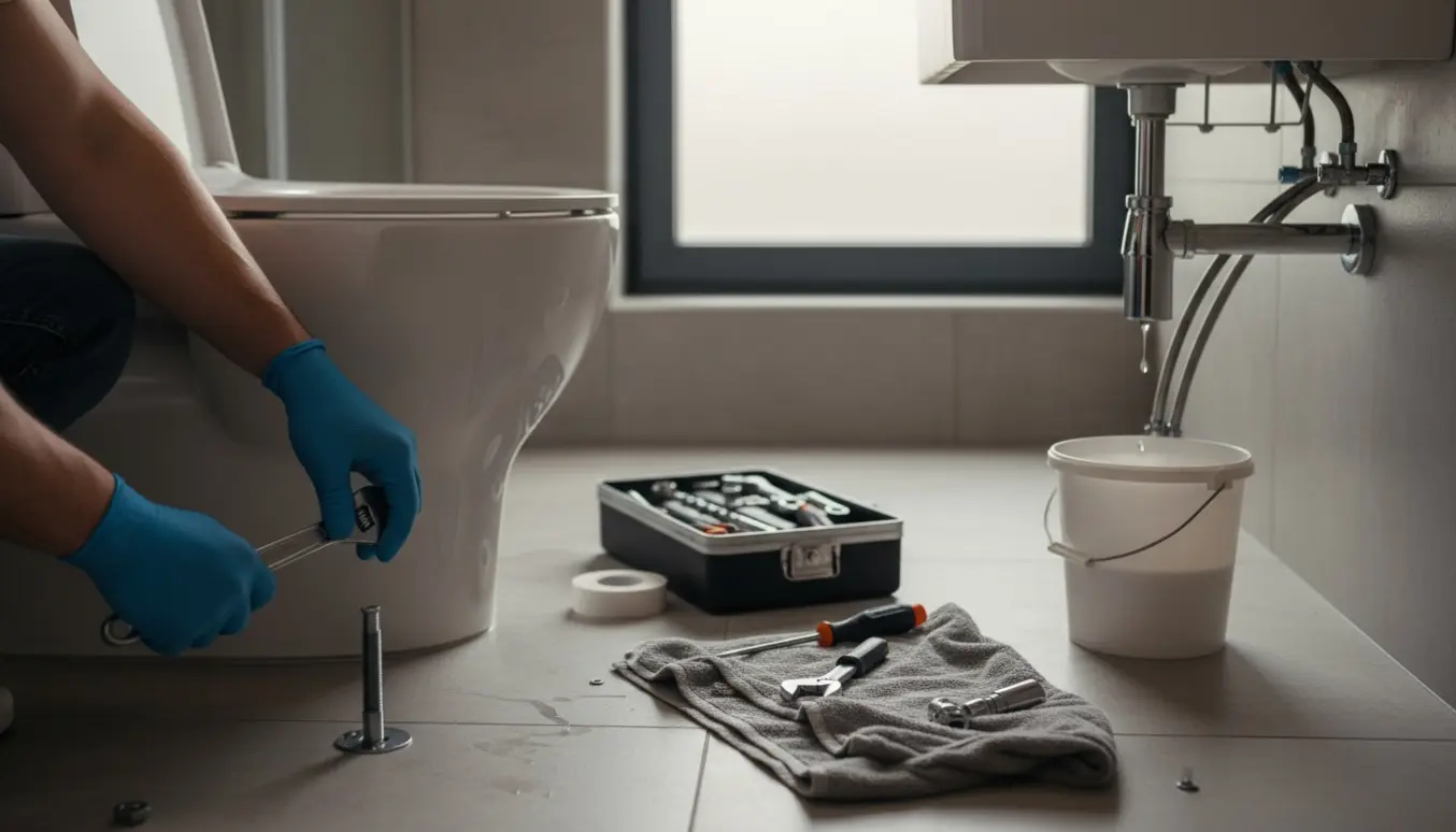 Håndværker installerer nyt toilet og krom blandingsbatteri i et lyst, moderne badeværelse.