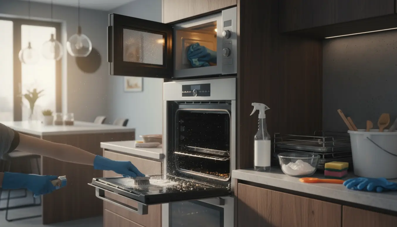 Åben indbygningsovn og mikroovn i et lyst køkken, hænder i handsker rengør indersiderne med børste og klud.