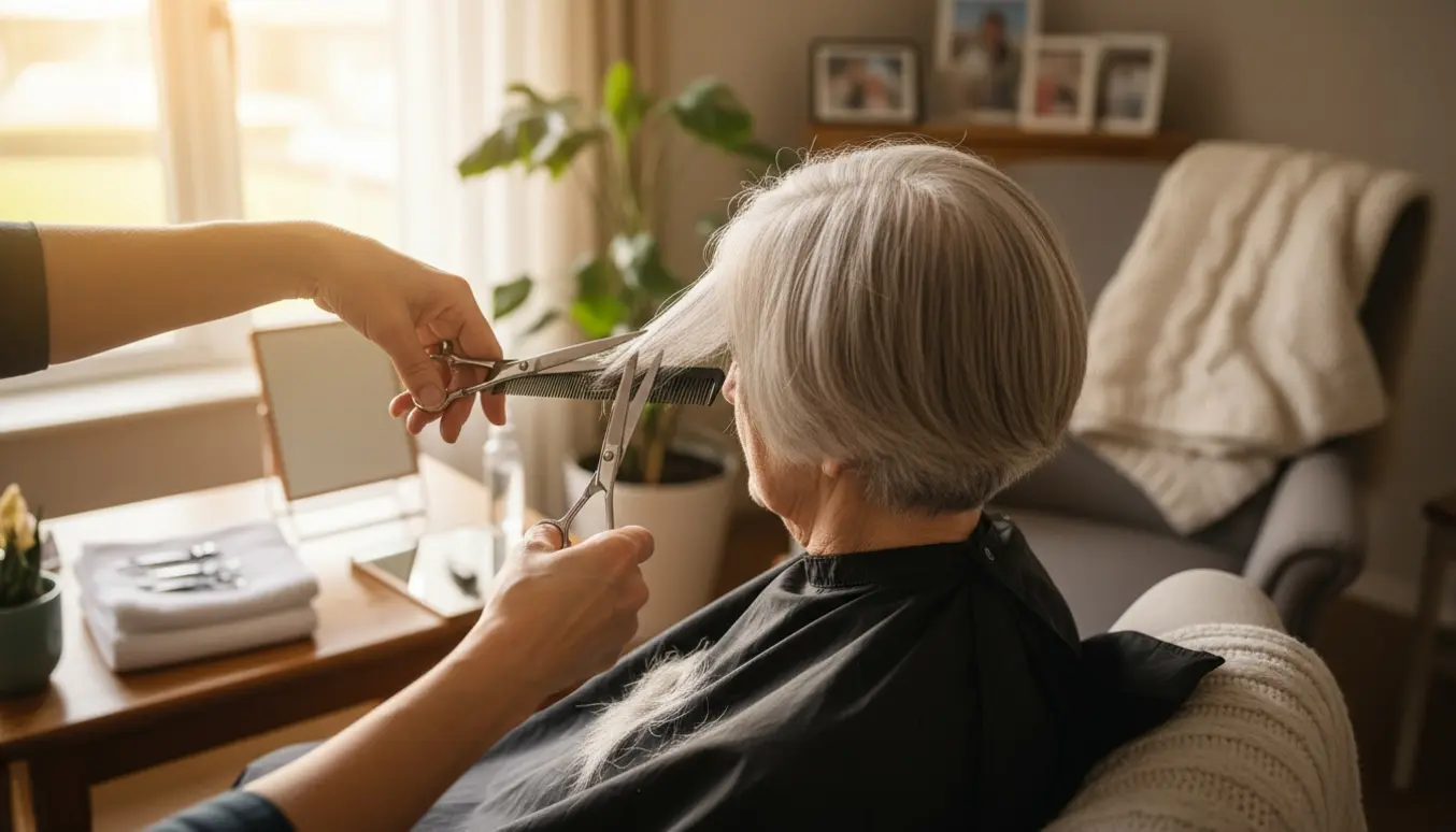 En hjemmefrisør klipper kort, gråt hår på en 89-årig kvinde i hendes hyggelige stue.
