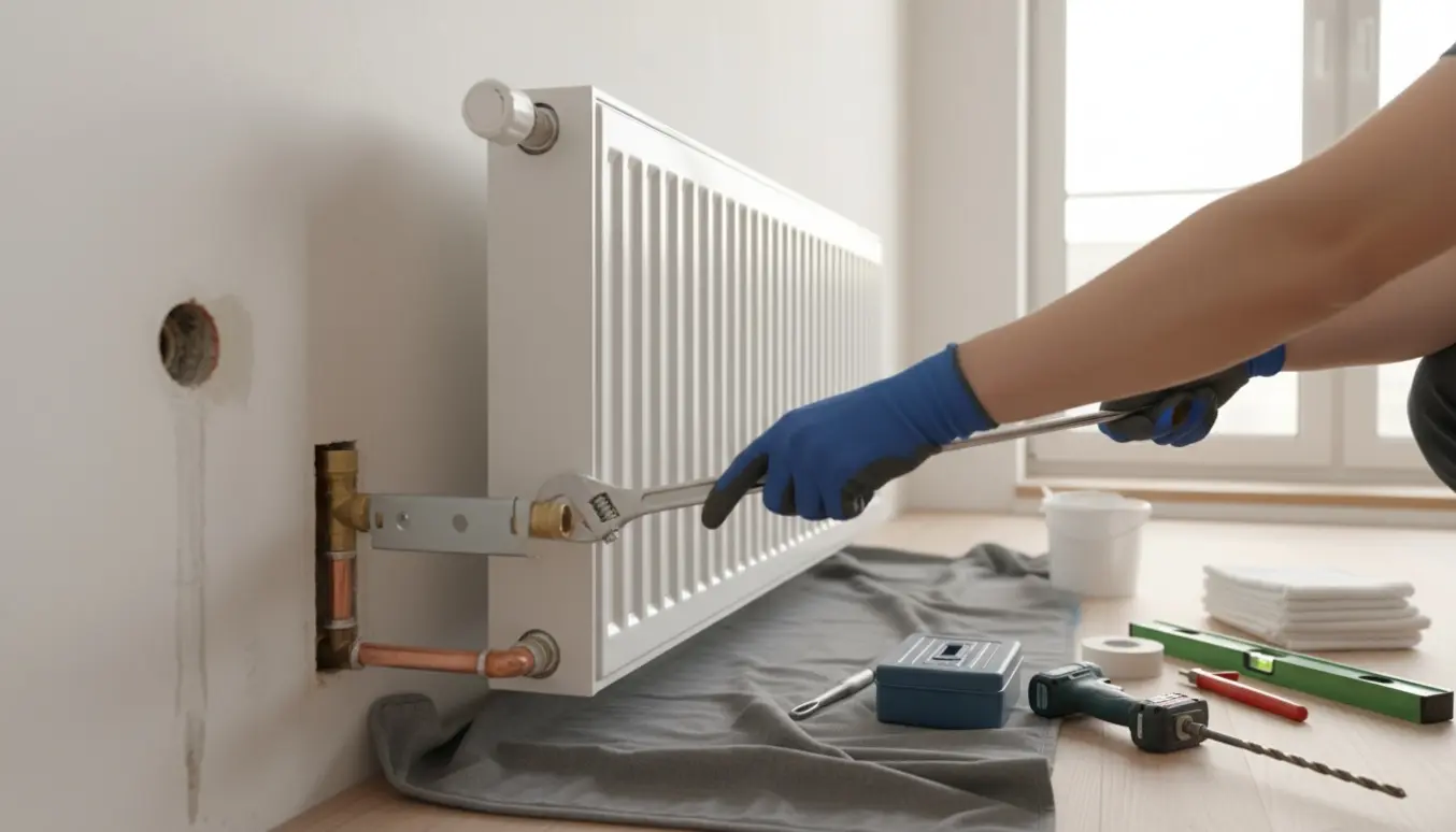 Hænder med handsker monterer en radiator på en ny væg i et lyst rum med værktøj og rør omkring.