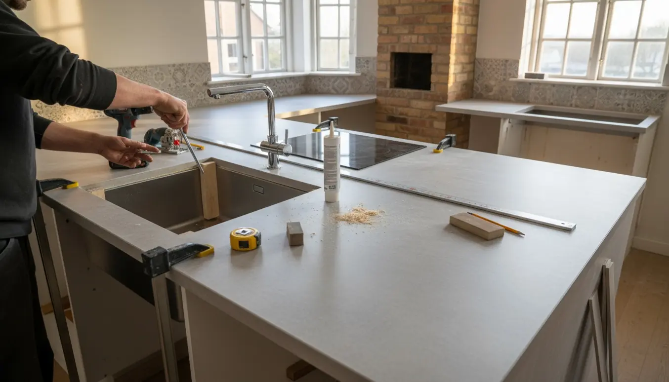 L-formet laminatbordplade under montering med nedfældet vask og udtræksarmatur, værktøj ligger klar.