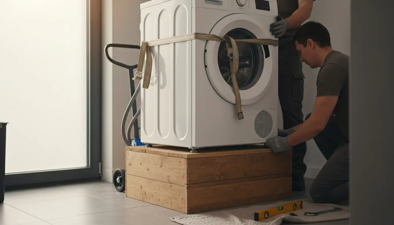 To personer placerer en tung vaskemaskine på en 53 cm høj sokkel i et lyst vaskerum.