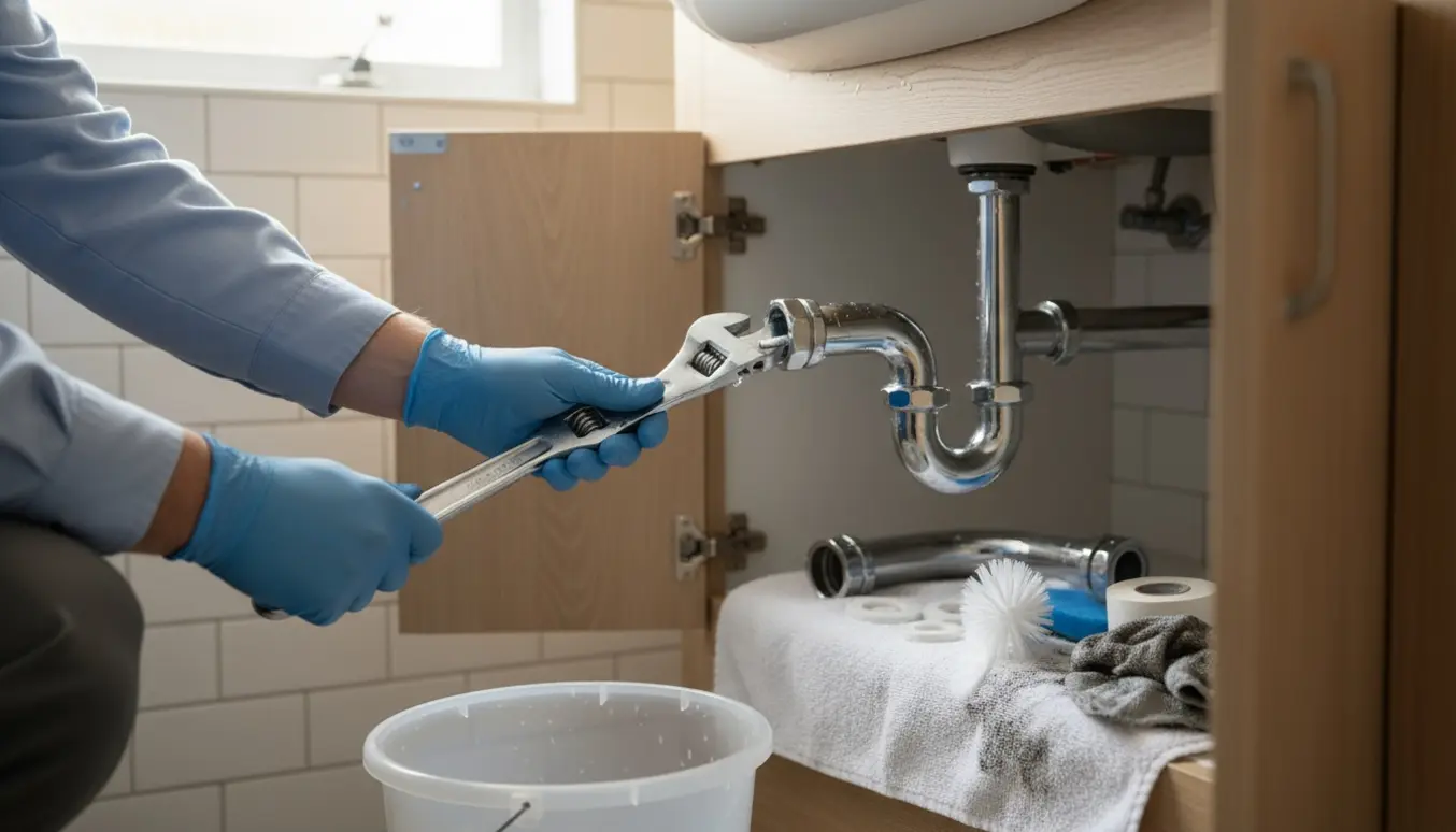 Nærbillede af hænder, der adskiller og rengør en krom vandlås under en håndvask med værktøj og spand til vand.