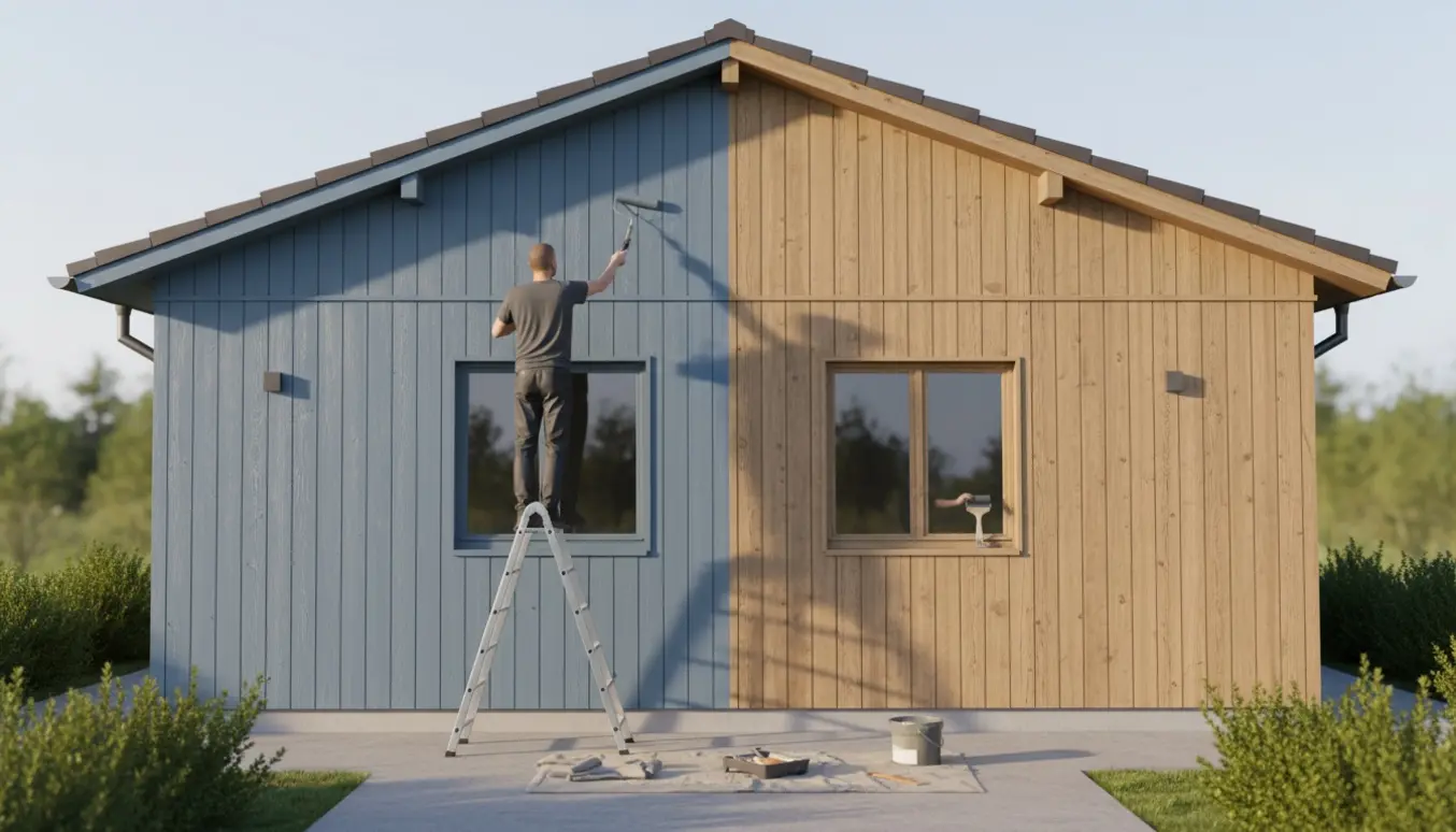 En maler på en stige maler ydersiden af et træbeklædt hus, hvor halvdelen af facaden er nymalet.