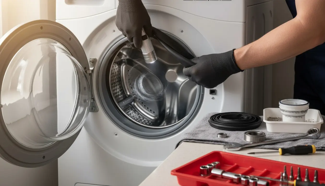 Tekniker inspicerer tromlen og filteret på en åben vaskemaskine med værktøj og reservedele.