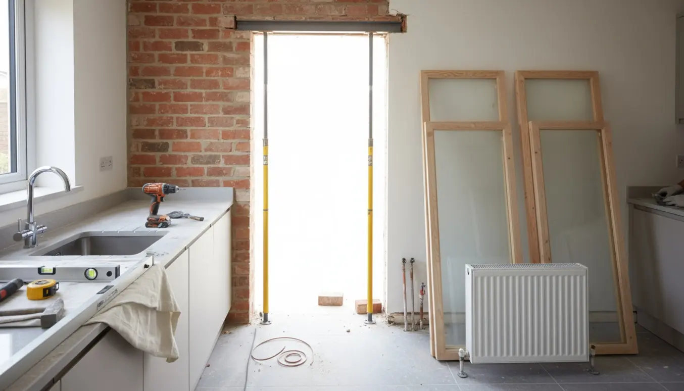 Køkken under renovering med et vindue ombygget til en dobbeltdøråbning, synligt støbt murværk og en midlertidig stålbjælke.
