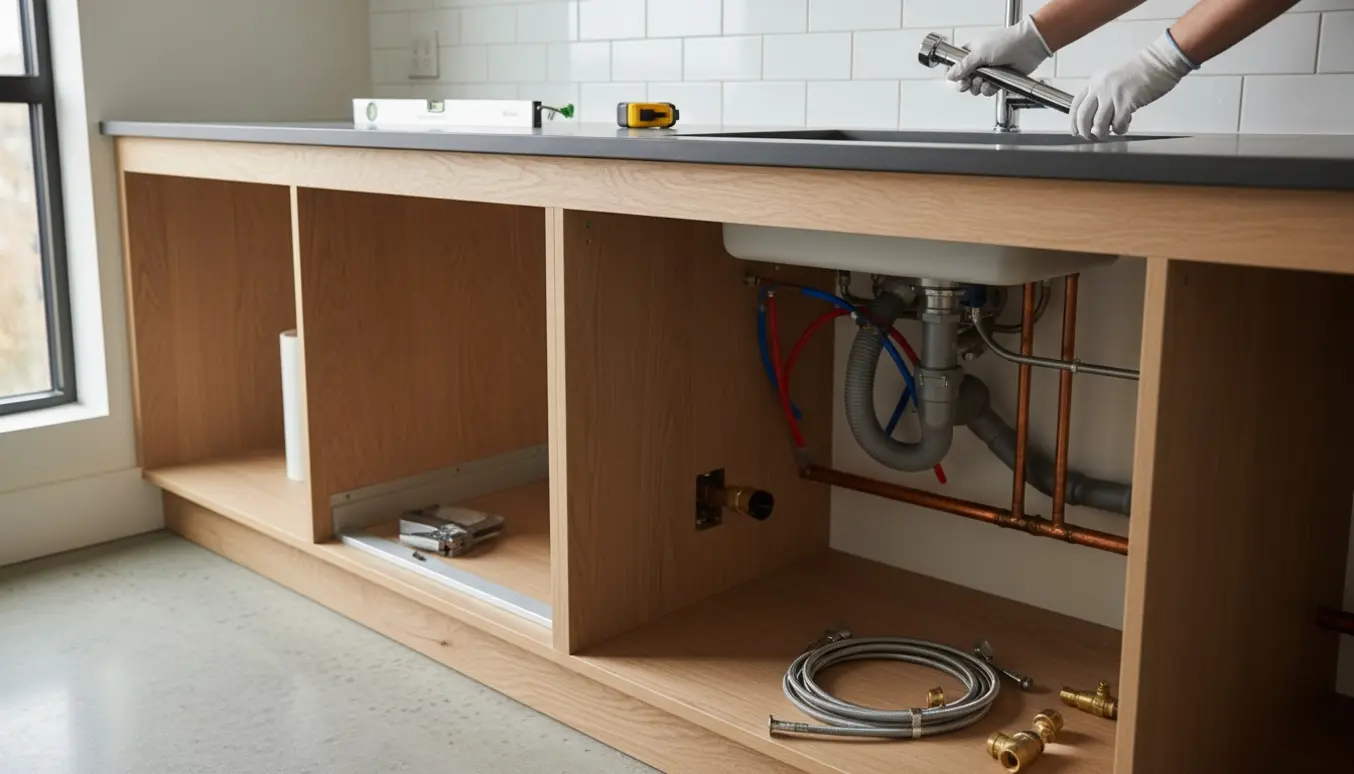 Forberedt køkken med åbne skuffer, rør, afløb og værktøj klar til montering af vask, armatur og opvaskemaskine.