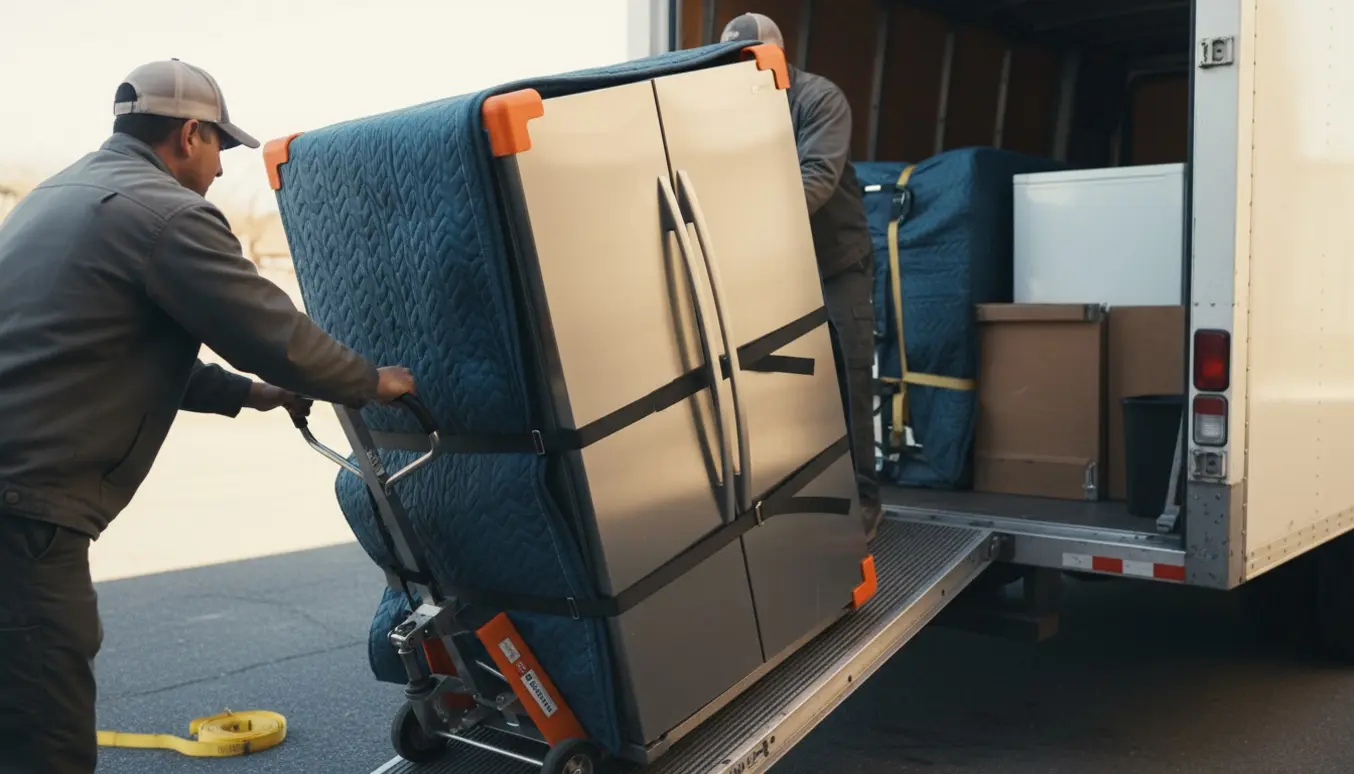Flyttefolk læsser et køleskab ind i en flyttebil via rampe med flyttetæpper og stropper, uden tydelige ansigter.