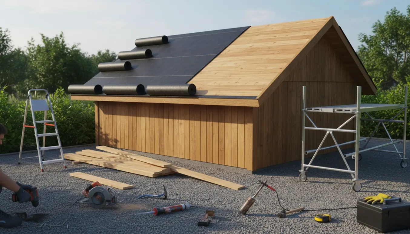 Carports tag under reparation med nyt tagpap, udskiftede træbrædder og værktøj synligt.
