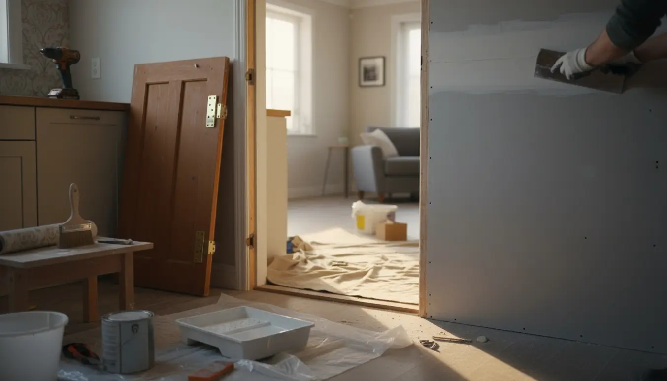 Åben døråbning mellem køkken og stue uden dør, med gipsplader, værktøj, tapet og malergrej klar.