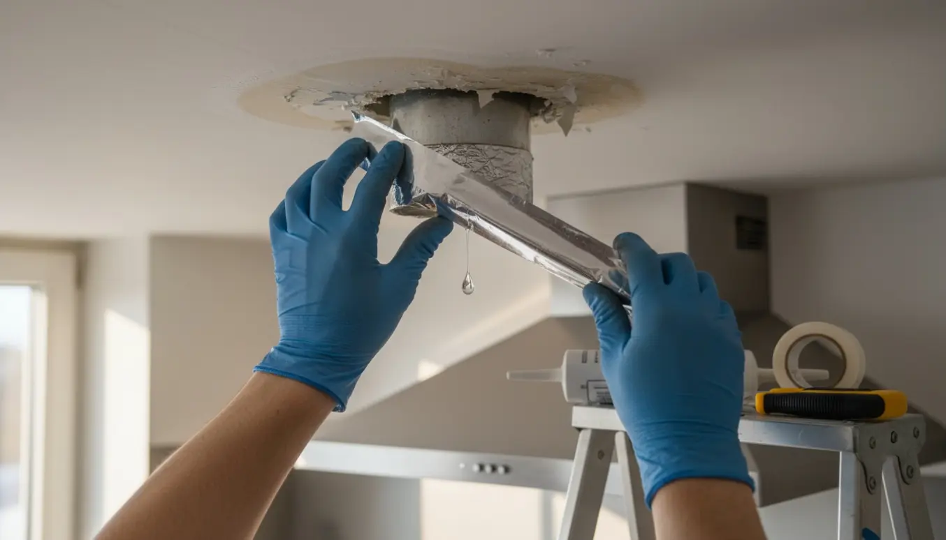 Hænder isolerer et utæt udluftningsrør ved køkkeloftet, mens en vanddråbe drypper.