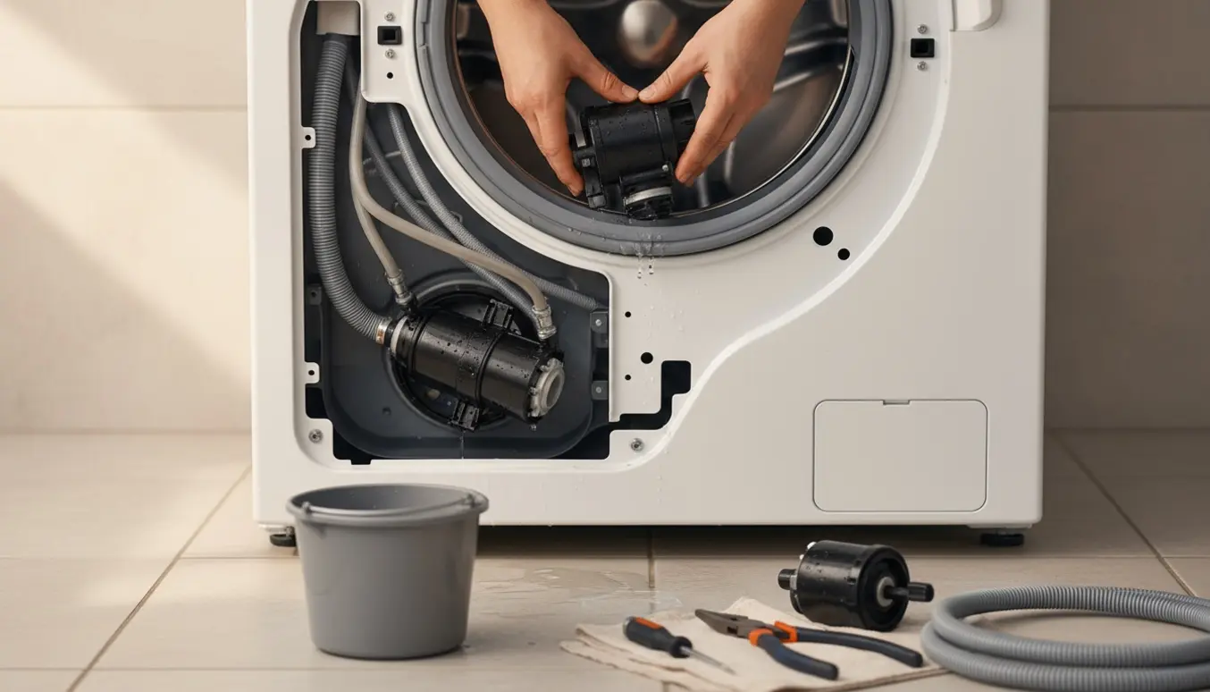 Hænder holder en ny afløbspumpe over en åben vaskemaskine med vand i tromlen.