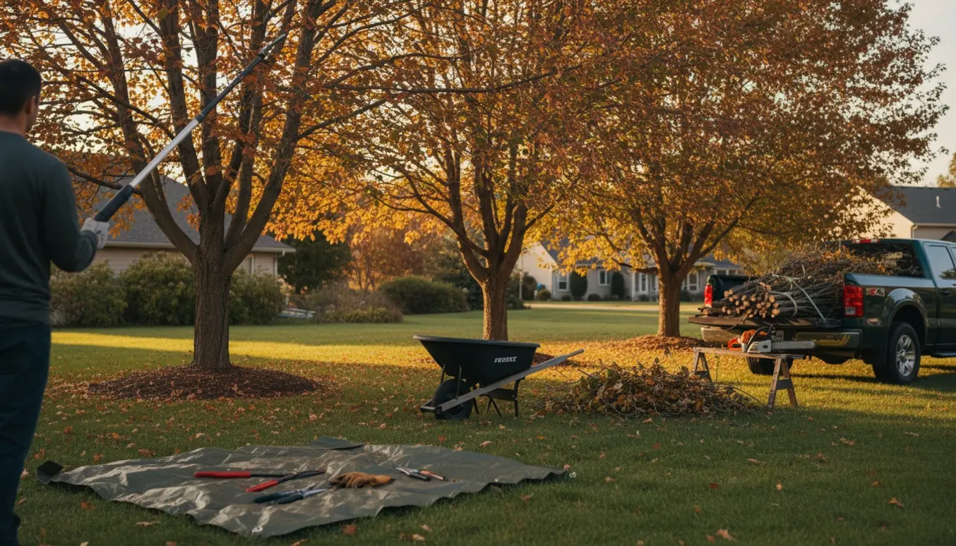 Fire træer beskæres i en have med en bunke friske grene ved en trillebør og en pickup klar til bortkørsel.