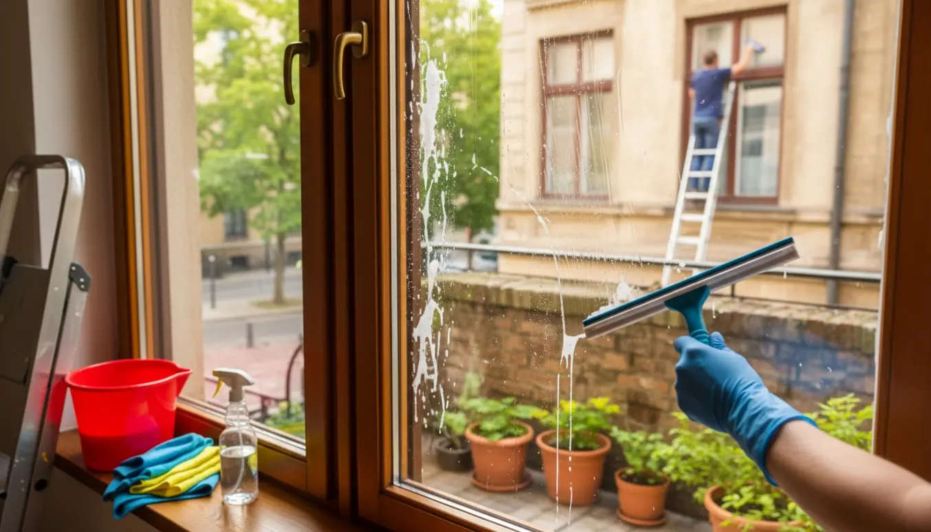 Nærbillede af vinduespudsning med squeegee, spand og klart glas mod gård og gade.