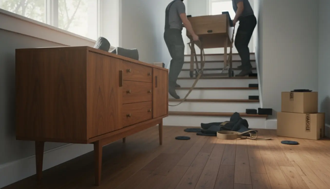 Et teakskab og et tungt gammelt fodboldbord bæres ned ad en trappe af flyttere med ansigterne væk.