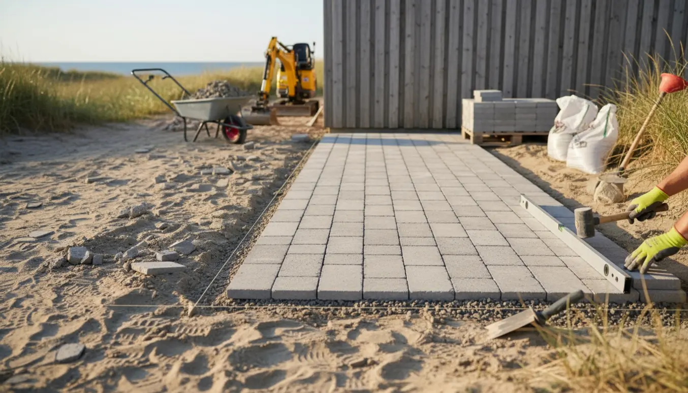 Sommerhusfliseterrasse under renovering ved kysten med nye fliser, værktøj og maskiner.