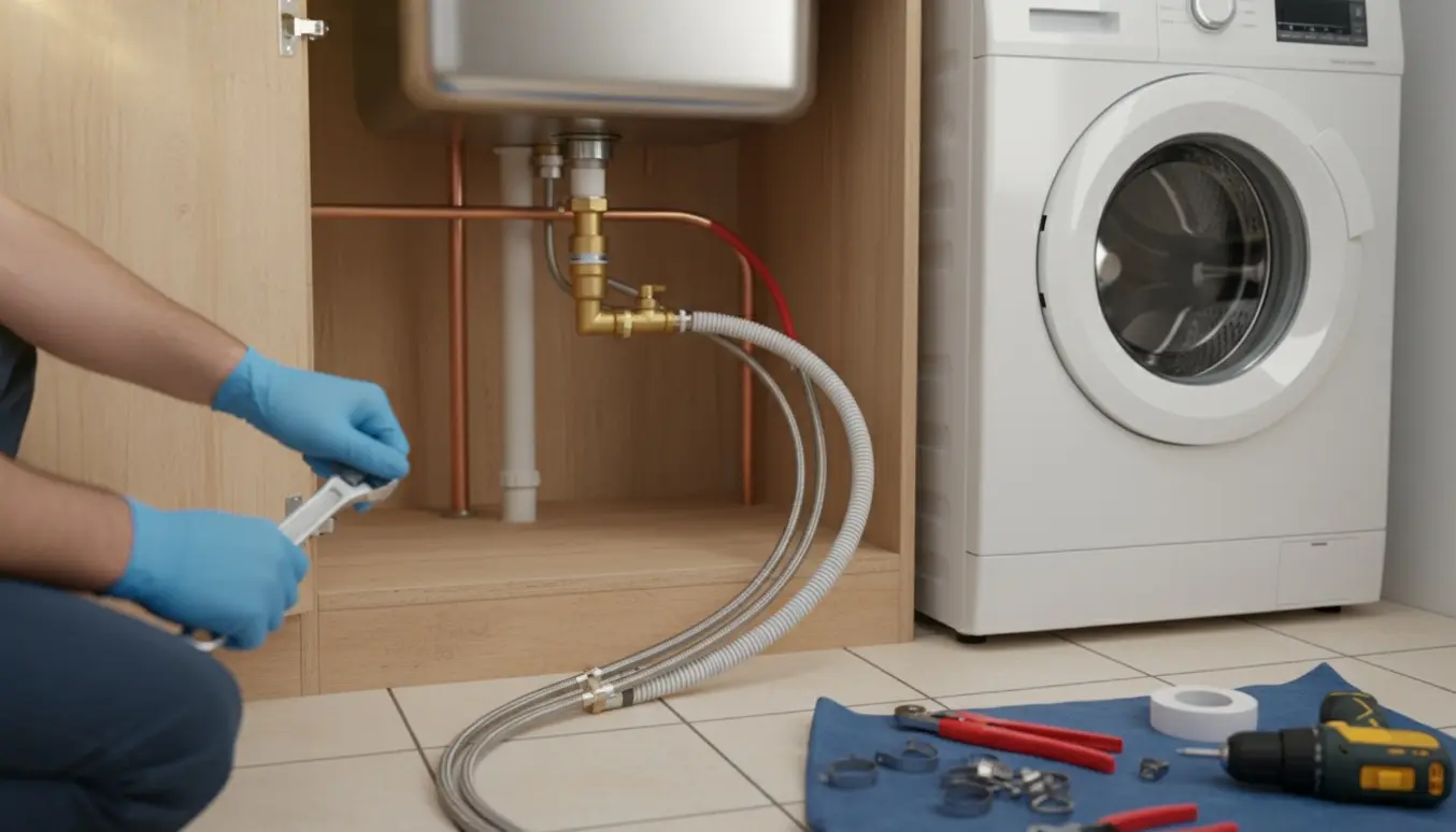 Åbent køkkenskab med vand- og afløbsinstallation til vaskemaskine, værktøj og slanger synlige.