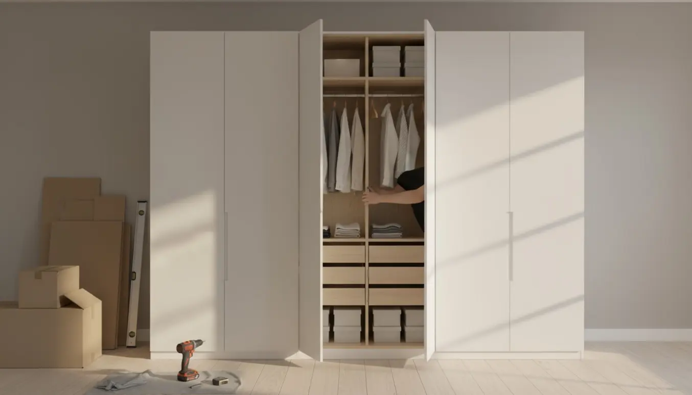 Stor PAX-lignende garderobe med seks døre i et lyst soveværelse og monteringsværktøj på gulvet.