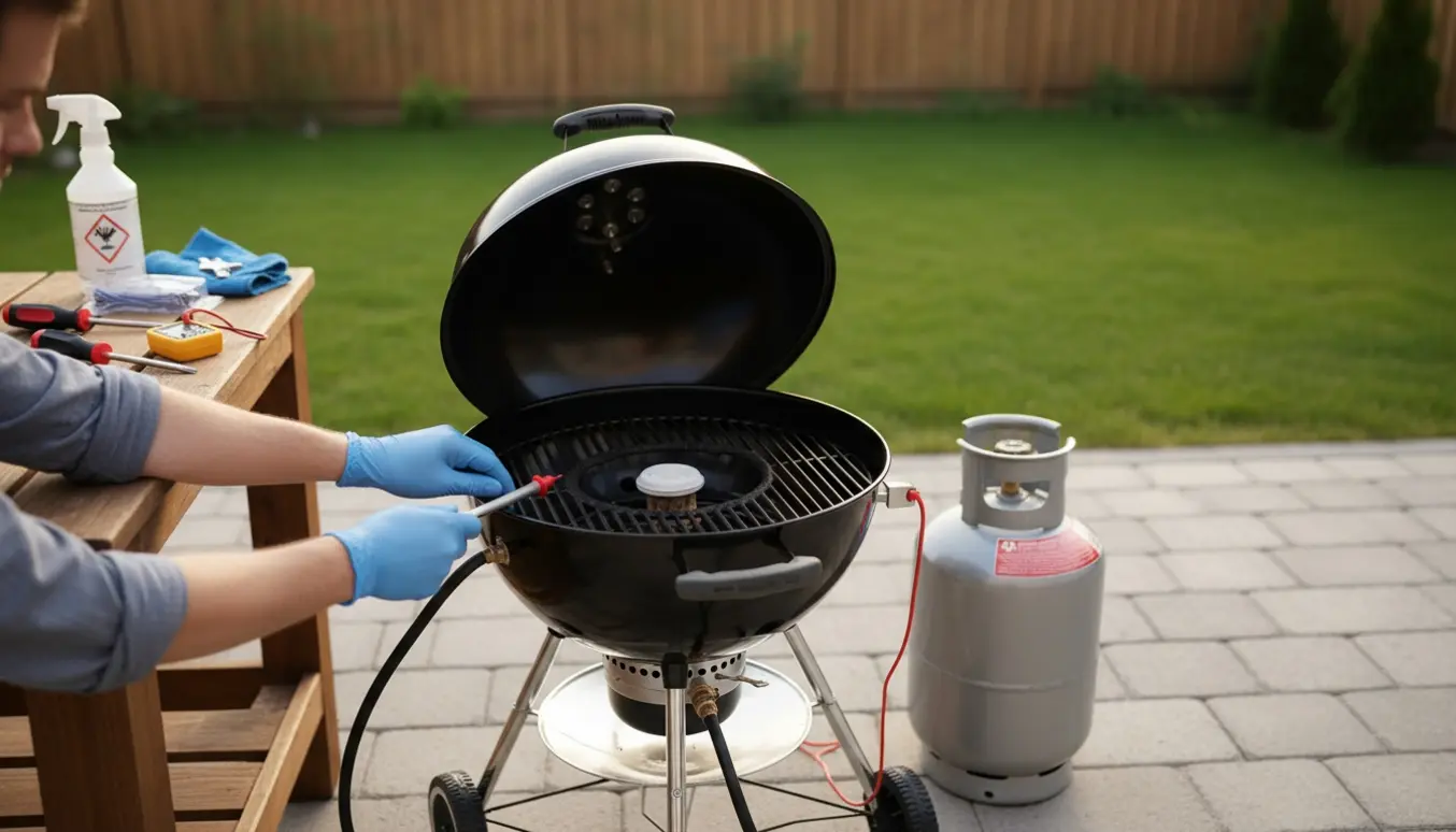 Nærbillede af hænder, der reparerer en lille Weber-grill på en terrasse med værktøj og en gasflaske ved siden af.