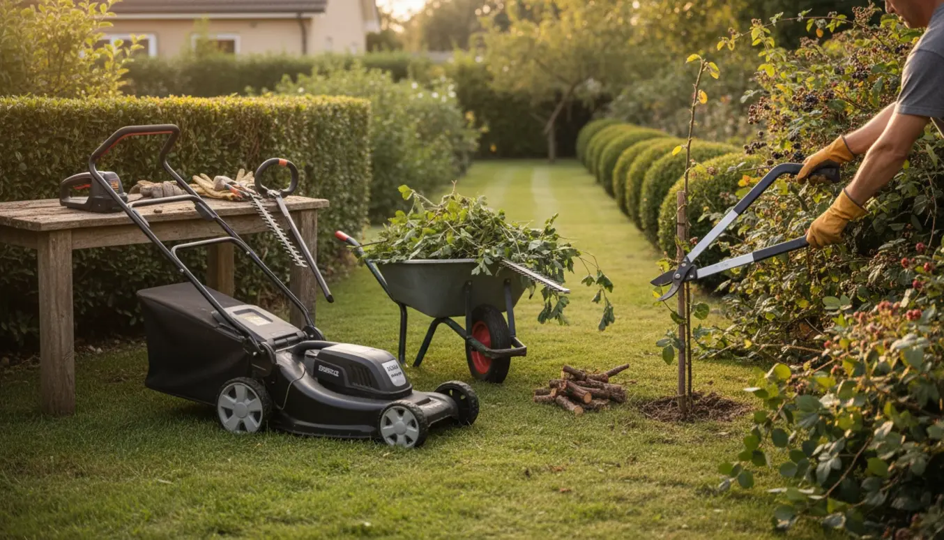 Overgroet have under oprydning med hækkesaks, plæneklipper, grensakse og en vogn fyldt med afklippede grene ved et brombærkrat.