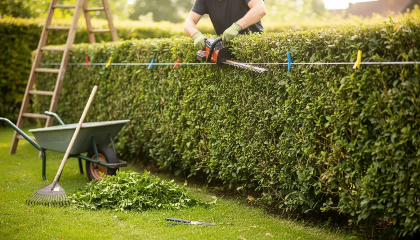 Hækkeklipning i have med hækkeklipper, markerede sektioner og en bunke friske kviste.