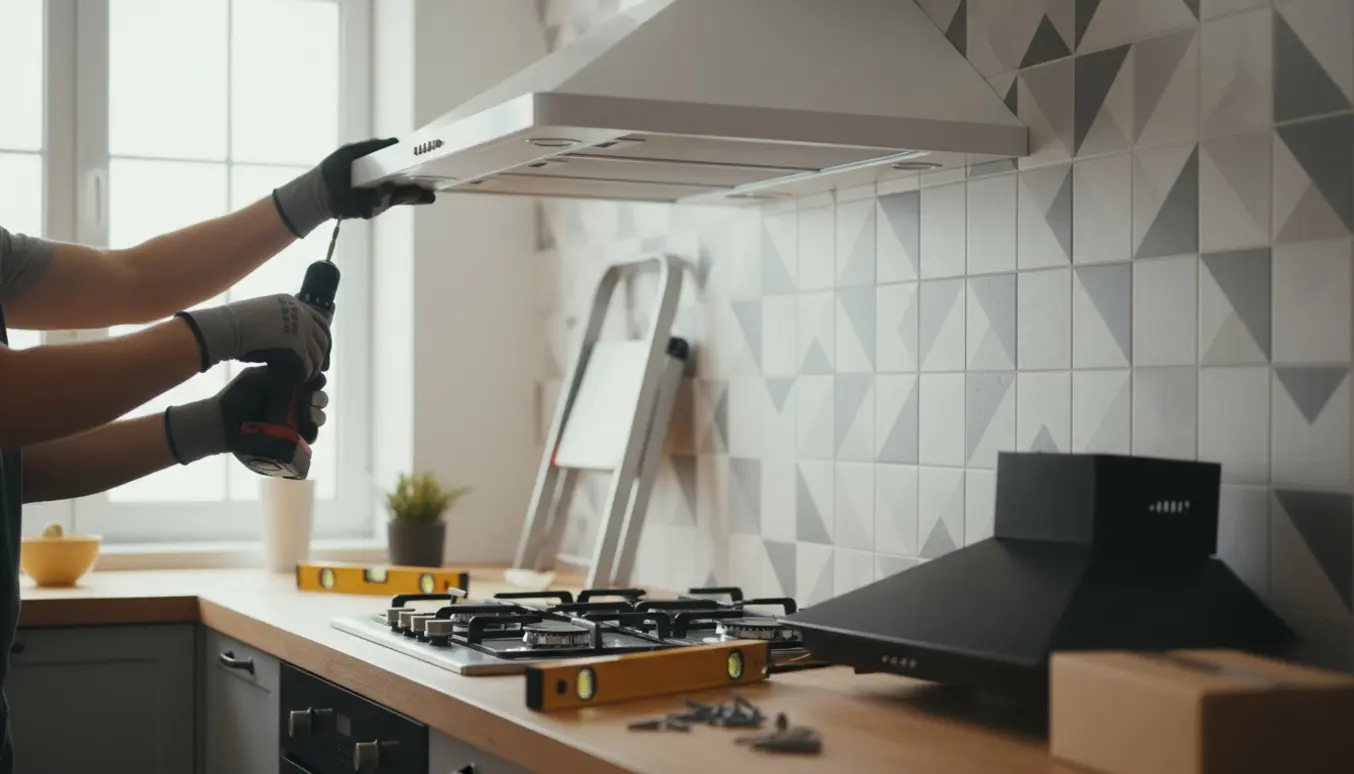 Hænder monterer en ny vægmonteret emhætte i et lyst, moderne køkken.