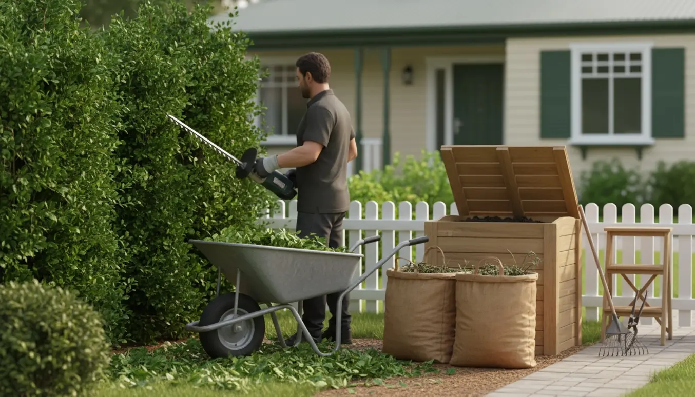En haveejer trimmer hækken i forhaven, mens friske kviste samles i en trillebør og haveaffaldssække til bortskaffelse.