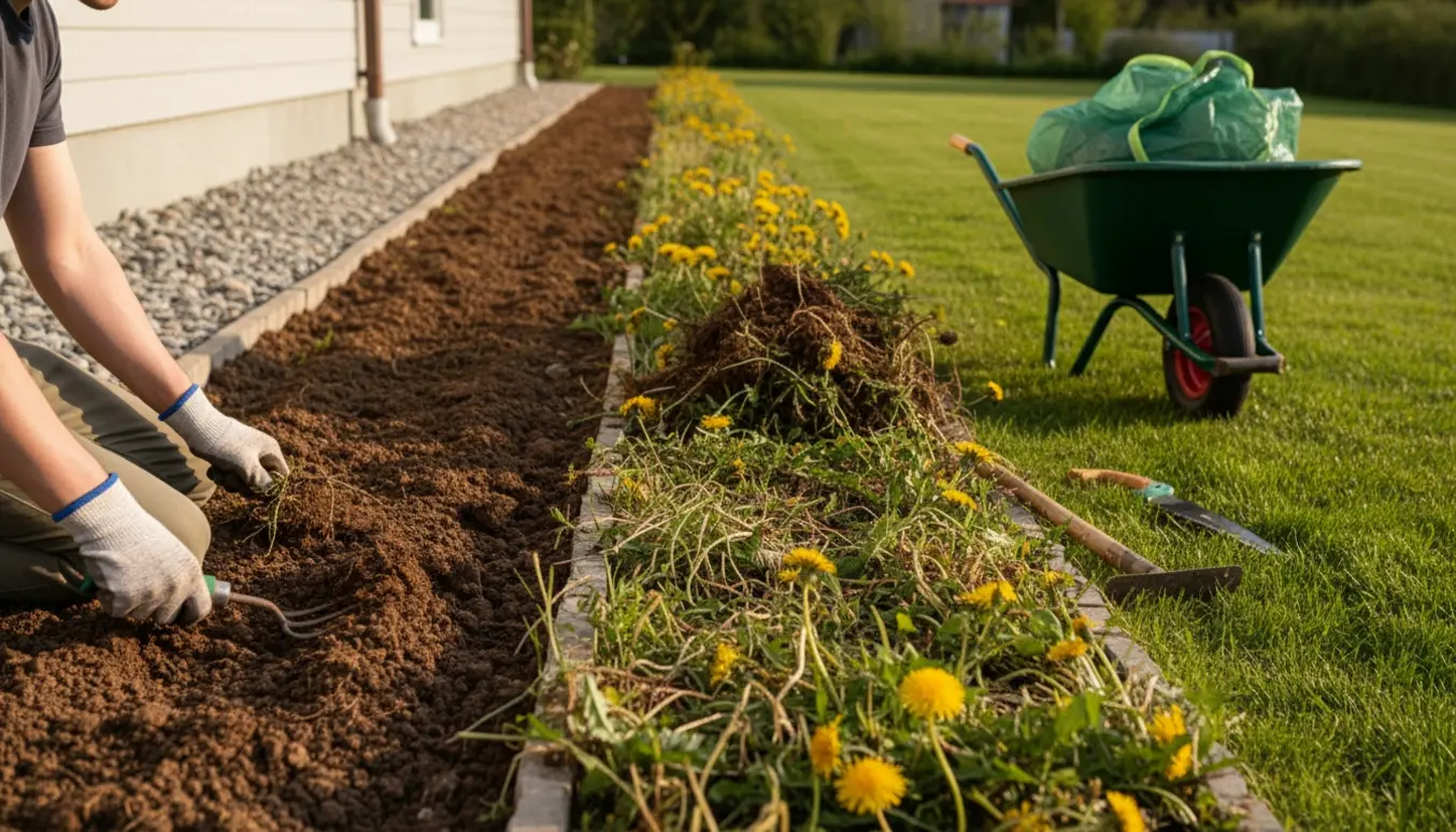 Langt, smalt bed ved huset, hvor handsker og haveredskaber rydder ukrudt og efterlader frisk vendt jord.