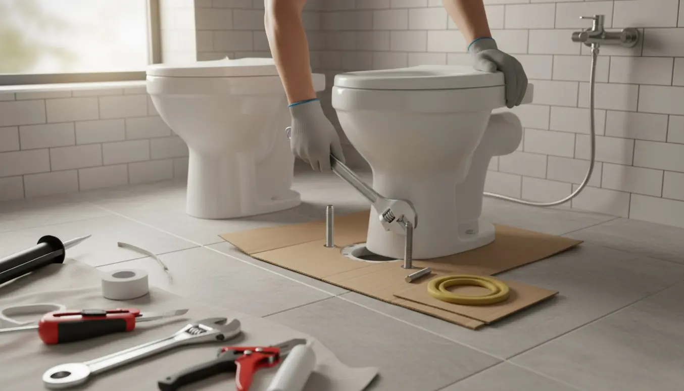 Hænder monterer et nyt gulvtoilet ved en åben afgangsflange i et lyst badeværelse.