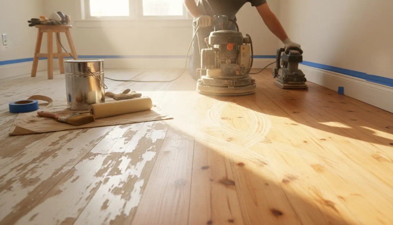 Nærbillede af slibning og efterbehandling af et fyrretræsgulv med slibemaskine, fint støv og påført klar olie.