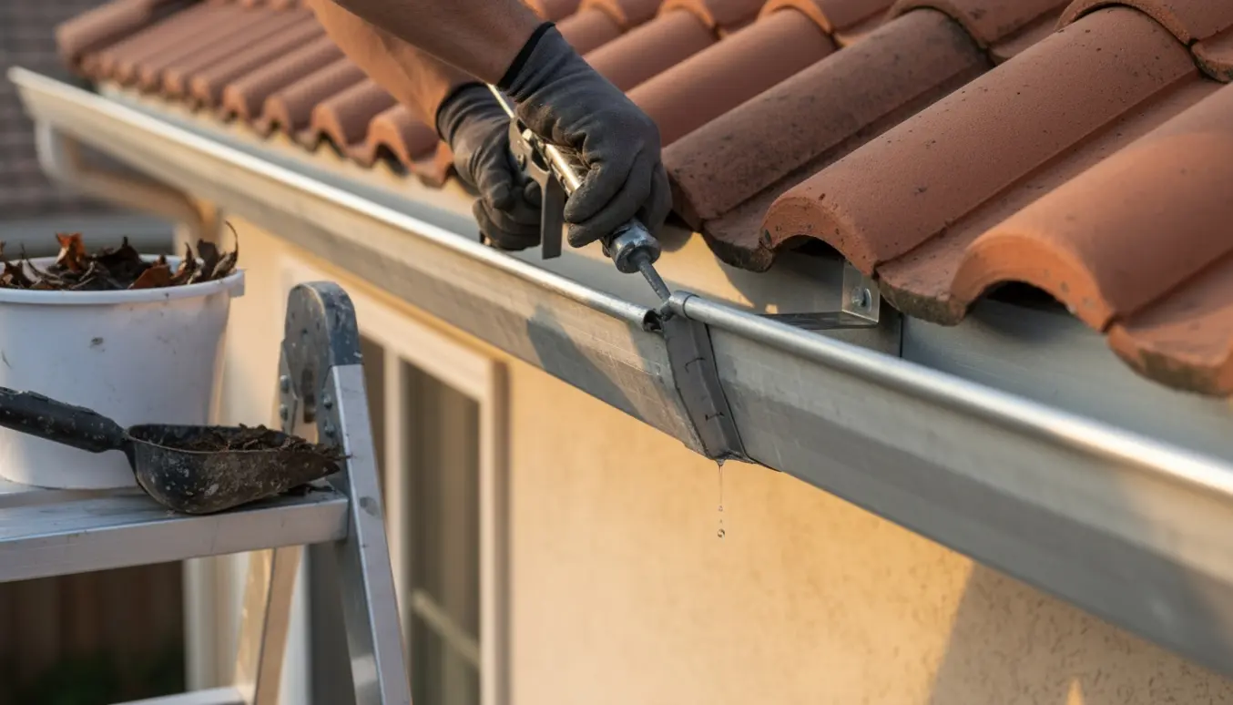 Håndværker på stige reparerer og inspicerer en rengjort tagrende med en utæt samling.