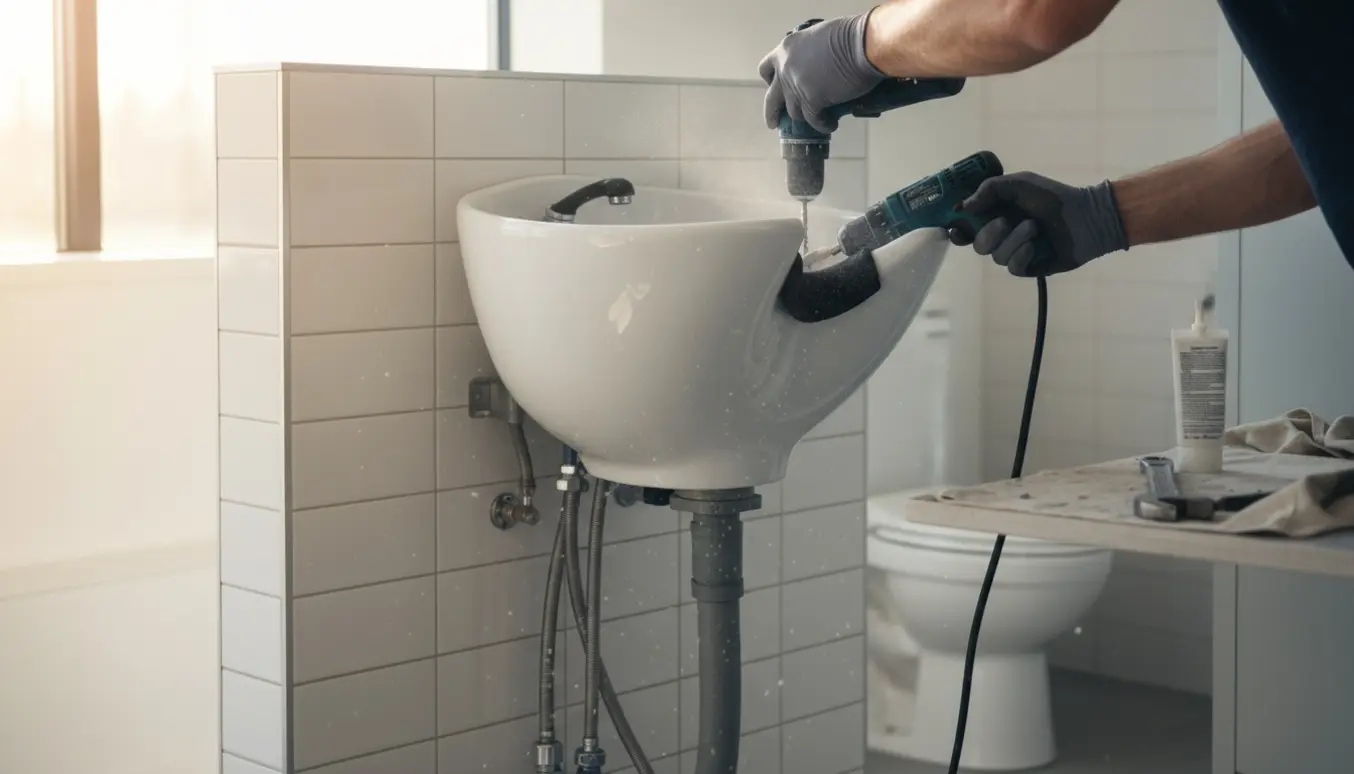 Tekniker installerer en frisørvask med et lille borehul i væggen, der viser toilettet bagved.